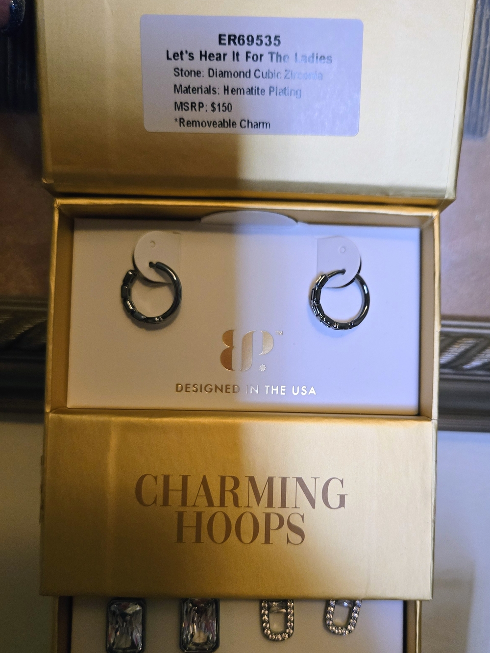 Charming Hematite-Plated Hoop Earrings with Removable Charm